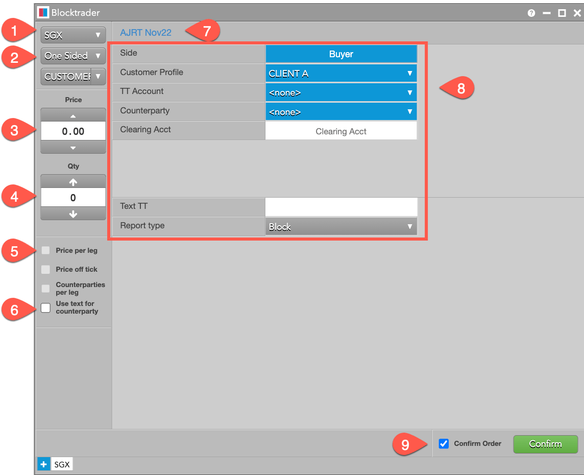 One sided trade fields Annotated SGX Blocktrader Widget