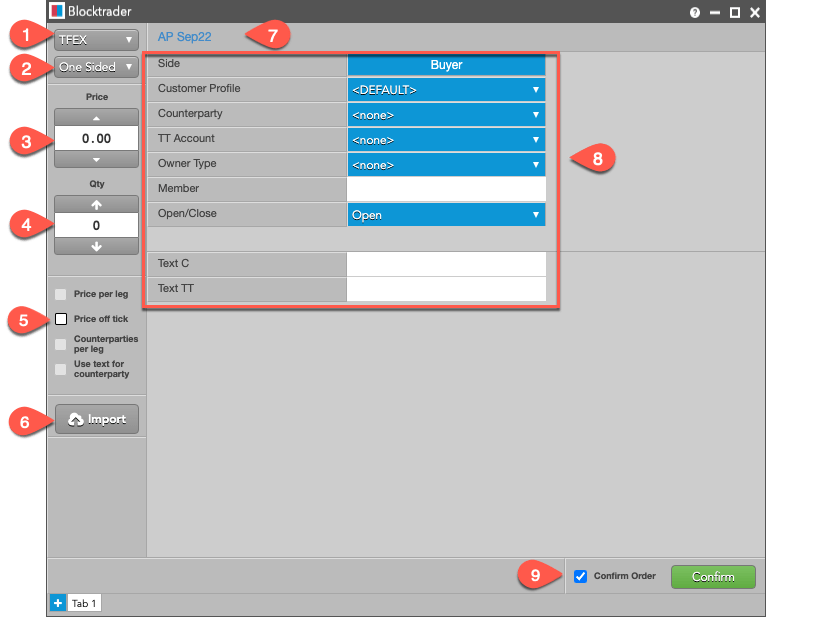 One sided trade fields Annotated TFEX Blocktrader Widget
